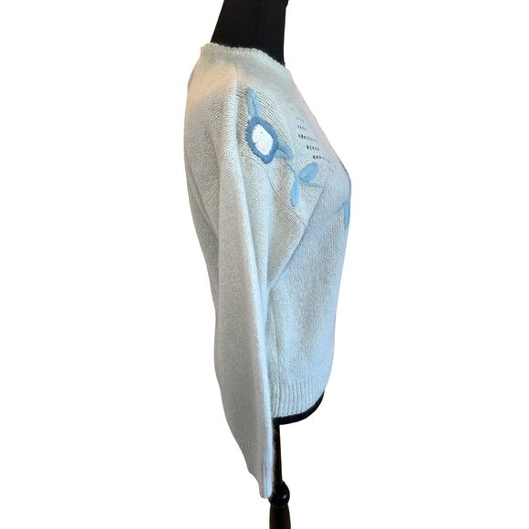 Vintage 80s Andrea Gayle M Light Blue Silk Sweater Floral Embroidery Openwork - Picture 4 of 9